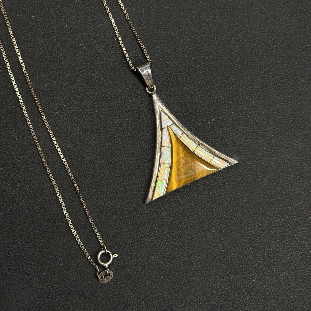 Sterling Silver Signed RB Tiger Eye Lab Opal Inlay Triangle Pendant 24”